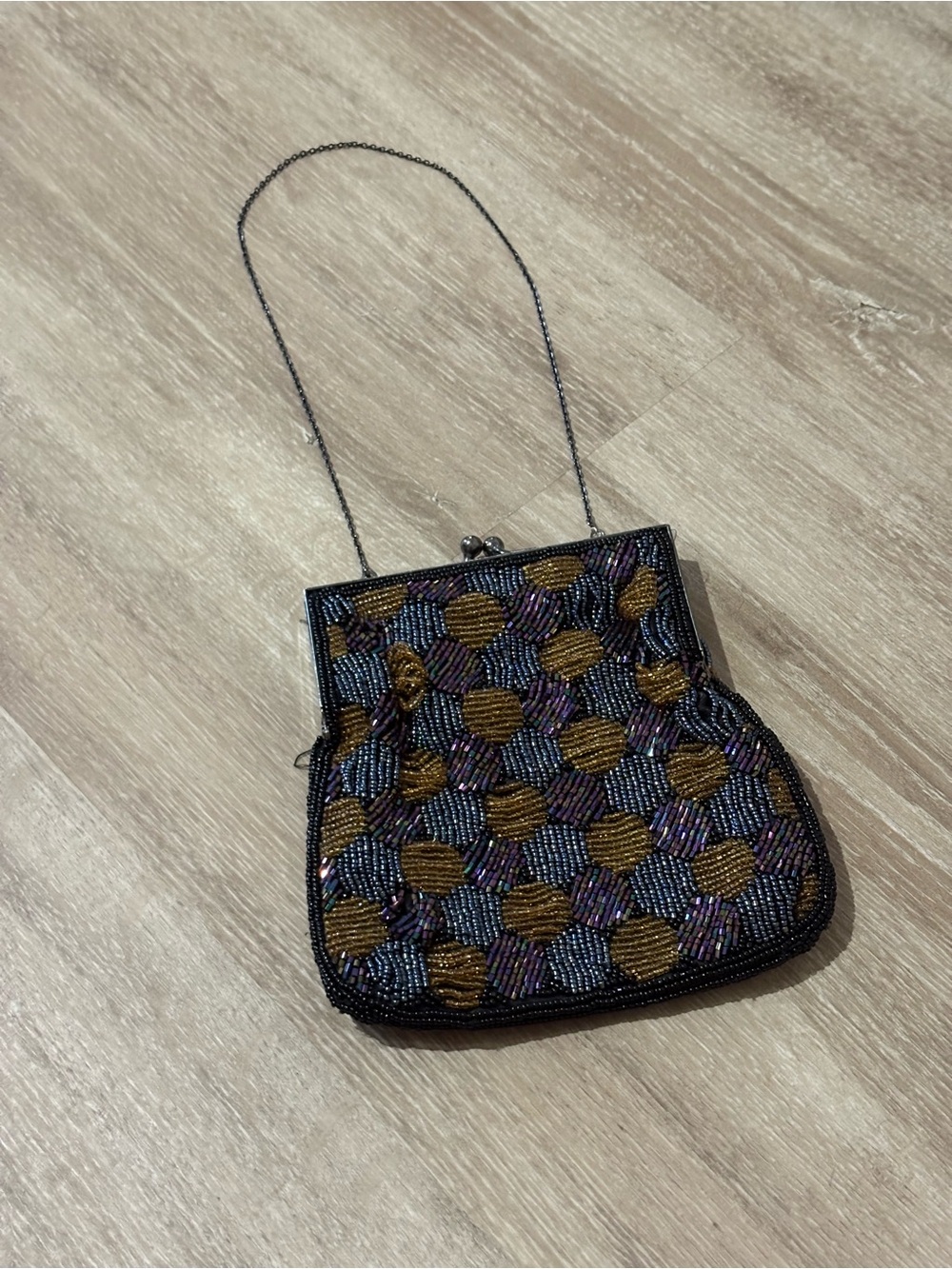 Beaded Evening Clutch Handbag in Black, Gold & Purple